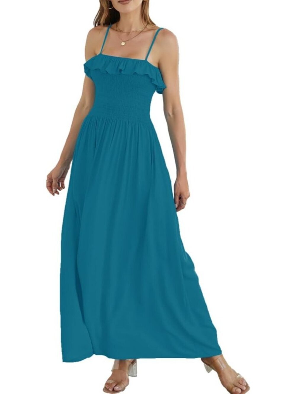 Women's Light Teal Sleeveless Spaghetti Strap Smocked Beach Boho Maxi Dress